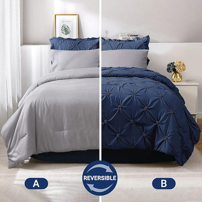 JOLLYVOGUE Navy Blue/Gray Cal King Size Comforter Sets 7 Pieces, Pintuck Bed in a Bag Comforter Set for Bedroom, Bedding Comforter Sets with Comforter, Sheets,Ruffled Shams & Pillowcases