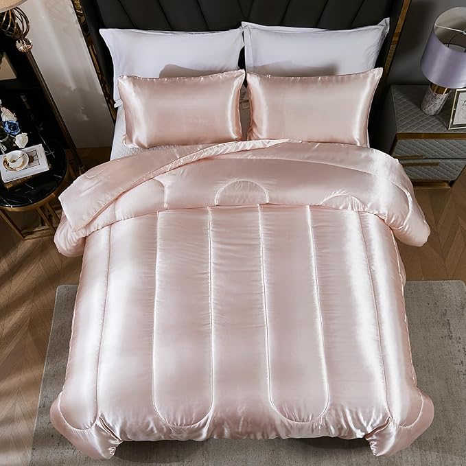 Satin Comforter Set King Silk Like Pink Bedding Set Luxury Hotel Silky Bed Home Deocr Sexy Silky Down Comforter Light Pink Bed Set