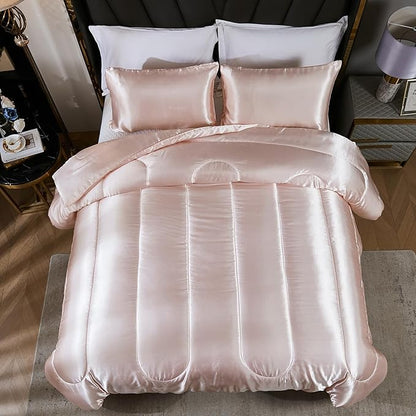 Satin Comforter Set Queen Silk Like Pink Bedding Set Luxury Hotel Silky Bed Home Deocr Sexy Silky Down Comforter Light Pink Bed Set