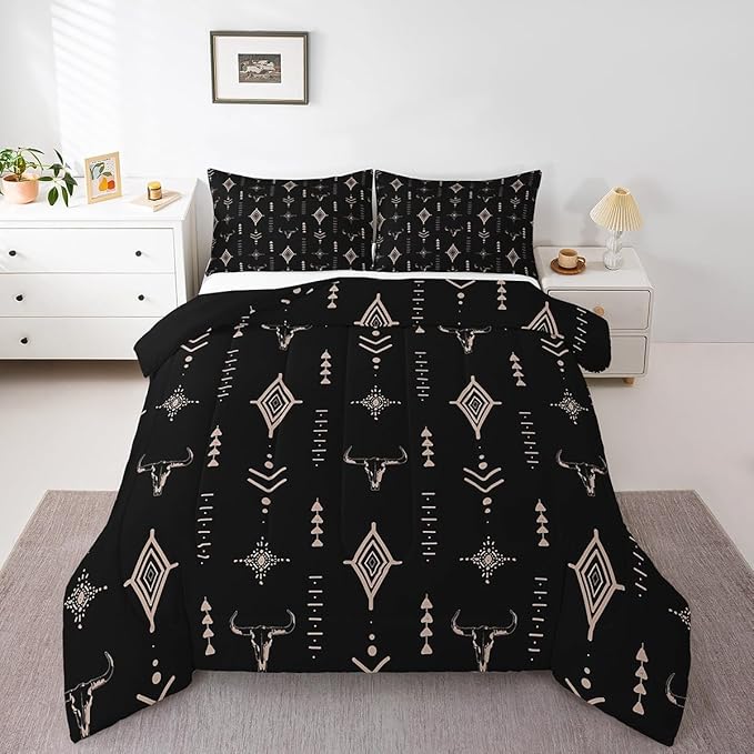Feelyou Rustic Western Bedding Set King Size Kids Western Tribal Bull Skull Comforter Adult Black Brown Boho Ethnic Aztec Cow Pattern Comforter Set