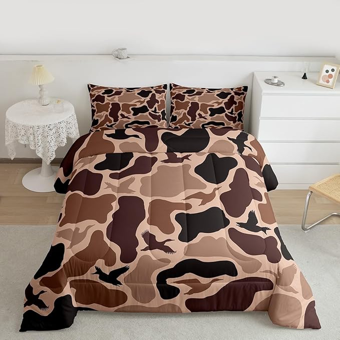 Erosebridal Duck Huner Comforter Set Toddler Size Camo Bedding Set for Adults Teens Rustic Hunting Army Comforter Woodland Camouflage Military Quilt Bedroom Decor