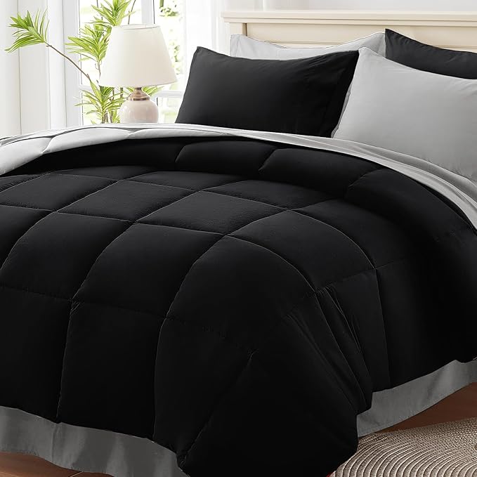 Anluoer California King Size Bed in a Bag 7 Pieces,Black and Grey Cal King Comforter Set with Sheets,All Season Bedding Sets with Comforter,Pillow Shams,Pillowcases,Flat Sheet,Fitted Sheet