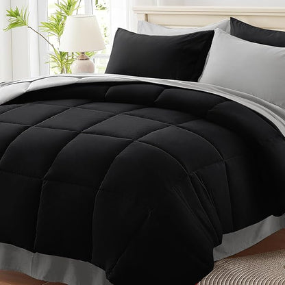 Anluoer California King Size Bed in a Bag 7 Pieces,Black and Grey Cal King Comforter Set with Sheets,All Season Bedding Sets with Comforter,Pillow Shams,Pillowcases,Flat Sheet,Fitted Sheet