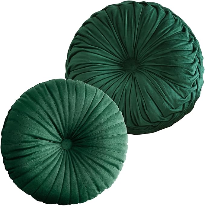 2 Pcs Round Throw Pillows Pleated Velvet Pumpkin Round Pillows Floor Cushion for Living Room Couch Chair Bed Sofa 15.7"x15.7"/13.8" x 13.8" (Emerald)