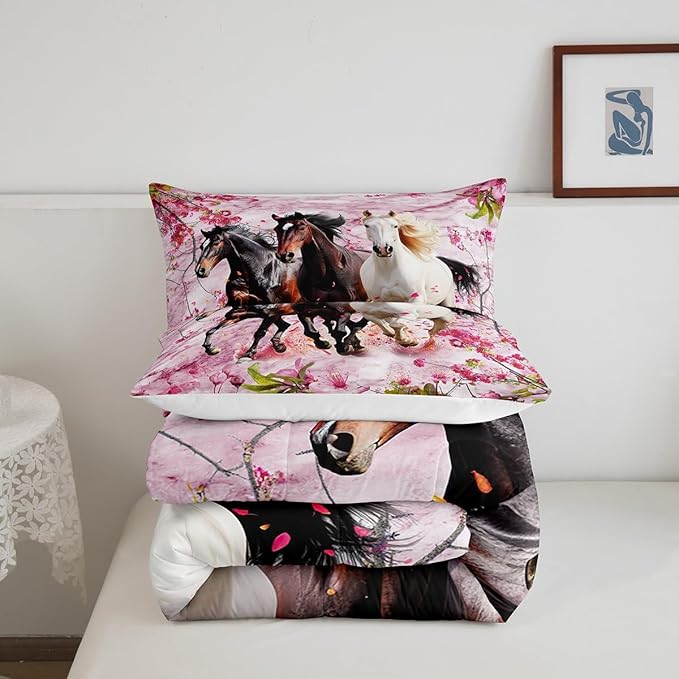 Feelyou Kids Horse Comforter Set Galloping Horse Bedding Set Toddler Size for Boys Girls Teens Bedroom Decor Cherry Blossoms Comforter Pink and White Duvet Set with 1 Pillow Case