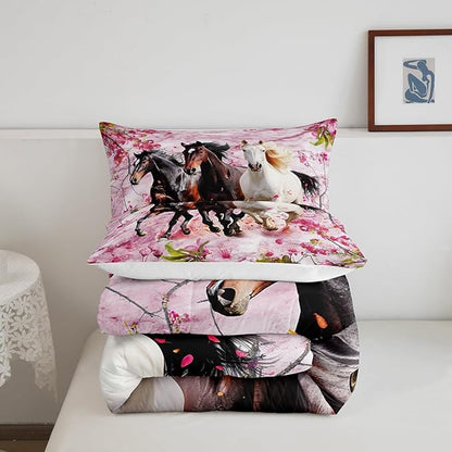 Feelyou Kids Horse Comforter Set Galloping Horse Bedding Set Toddler Size for Boys Girls Teens Bedroom Decor Cherry Blossoms Comforter Pink and White Duvet Set with 1 Pillow Case