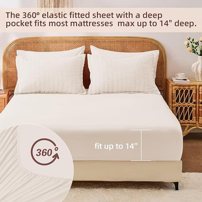 FUANNA Twin Comforter Set 5 Pieces, Luxury Seersucker Twin Bed Set for All Seasons, Soft Twin Bed in a Bag with Comforter, Flat Sheet, Fitted Sheet, Pillowcase & Sham for Bedroom, Beige