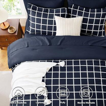 CozyLux Queen Comforter Set with Sheets - 7 Pieces Plaid Bed in a Bag Set Navy Blue, Queen Bedding Sets Bed Set with All Season Quilted Comforter, Flat Sheet, Fitted Sheet, Pillowcases & Pillow Shams