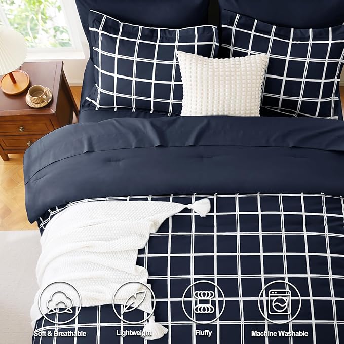 CozyLux King Size Comforter Set Navy Blue - 7 Pieces Plaid Bed in a Bag Set, Soft Bed Set King Bedding Sets with All Season Quilted Comforter, Flat Sheet, Fitted Sheet, Pillowcases & Pillow Shams
