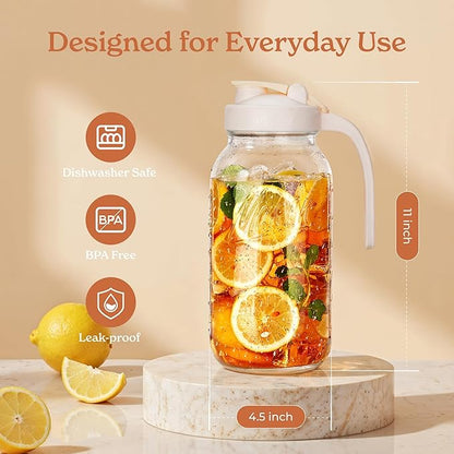 SMIRLY 64 oz Mason Jar Pitcher,Glass Pitcher with Wide Mouth,Water Jug with Double Leak Proof Lid for Iced Coffee,Hot Water,Breast Milk