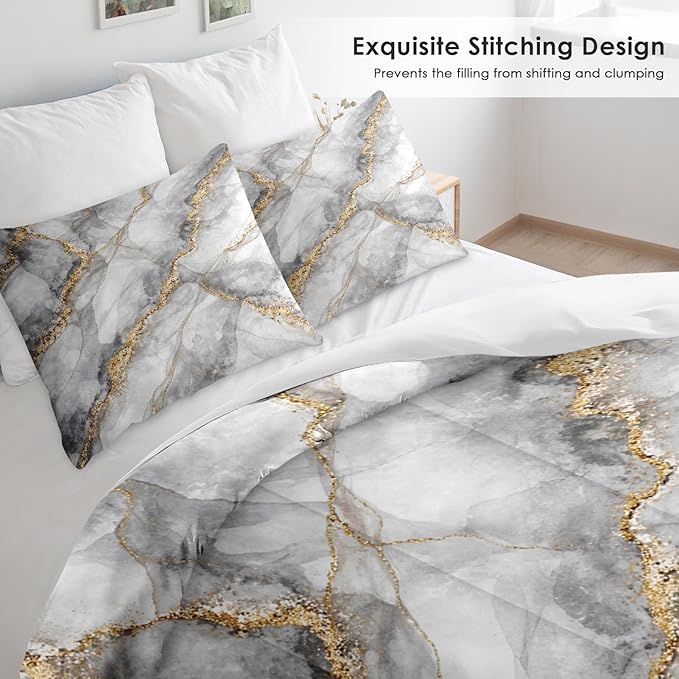 Comforter Set Queen Size, Marble Black Soft 3 Pcs Bedding for Kids and Adults, Gray Gold Stone Vintage Comforter Set with Pillowcase, for Bedroom Bed Decor