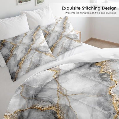 Comforter Set Queen Size, Marble Black Soft 3 Pcs Bedding for Kids and Adults, Gray Gold Stone Vintage Comforter Set with Pillowcase, for Bedroom Bed Decor