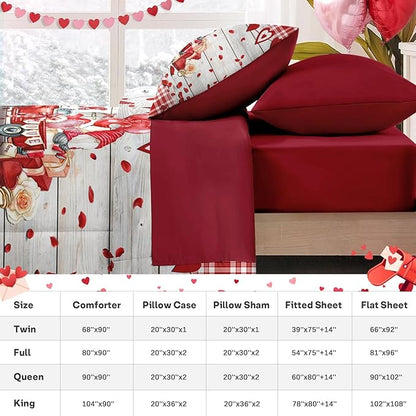 Nesker 7 Pcs Valentine's Day Comforter Set Queen Size, Romantic Heart Truck Bedding Set for Kids and Adults, Sweet Love Gnomes Sheets Bed Sheet Sets with Fitted Sheet 2 Pillowcases & 2 Shams