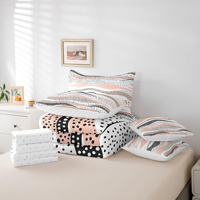 Erosebridal Geometric Wave Bed in a Bag 7-Piece Girls Black White Pink Bedding Set, Black Polka Dots Queen Size Comforter Set Modern Abstract Art Bedding Comforter Sets, Vintage Minimalist Bed Set