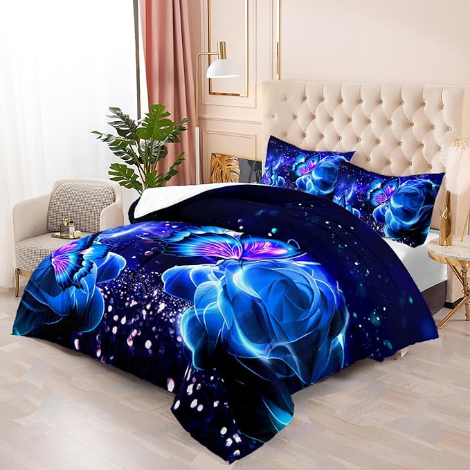 Galaxy Butterfly Comforter Set Twin Size for Girls Kids Adults Butterfly Rose Bedding Set Aesthetics Butterflies Quilt Bed Set with 1 Comforter and 2 Pillowcases