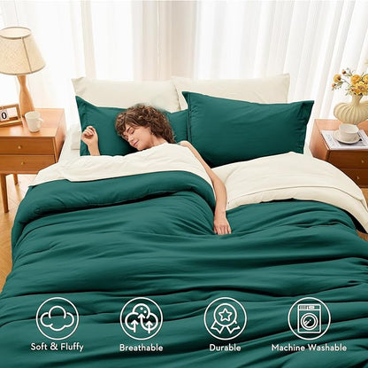 MUXHOMO 7 Pieces Full Comforter Set, Soft Bed in a Bag Full Size, All Season Bedding Set with Comforter, Flat Sheet, Fitted Sheet, Pillowcases & Shams, Peacock Blue & Ivory