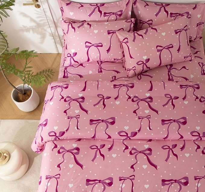SDY 7PCS Full Size Pink Bow Comforter & Sheet Set - Cute Room Decor Bedding for Girls, Includes 1 Comforter, 1 Flat& Fitted Sheet, 2 Pillowcases & 2 Pillow Shams, Cozy Adorable Pick for Girls’ Bedroom