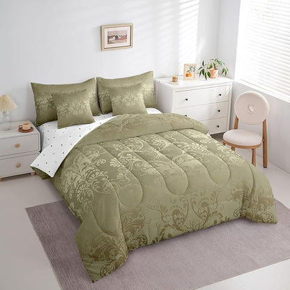 Erosebridal Gothic Damask Bed in a Bag King Size Comforter Set 7 Pieces,Sun Moon Tree of Life Bedding Sets Olive Grey Victorian Floral Goth Sheet Set with Comforter