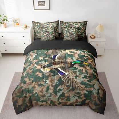 Erosebridal Duck Camo Bed in a Bag Queen Comforter Set 7-Piece | Mallard Ducks Bedding Sets Mens Rustic Cabin Comforter and Sheet Set, Woodland Animals Farmhouse Room Decor,Country Duck Hunting Decor