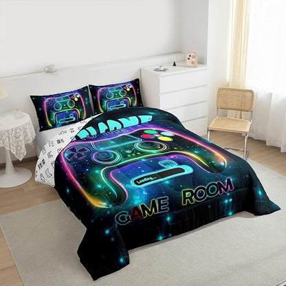 jejeloiu Cool Gamer Bedding Set King Size for Boys 3D Gaming Comforter Set Kids Teens Bright Color Duvet Set Modern Game Console Quilt Set 3Pcs