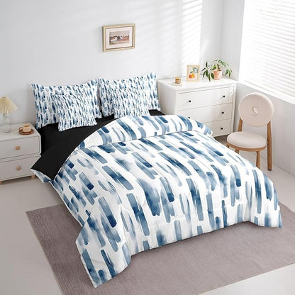 Erosebridal 7Pcs Navy Blue Boho Comforter Set Full Size,Abstract Art Aesthetic Striped Bed in A Bag for Kids Teens Adults,Ink Painting Graffiti Watercolor Quilt Set,Modern Bedding with Bed Sheets