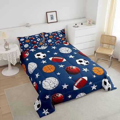 Feelyou Baseball Comforter Set Full Size Football Comforter for Boys Girls Teens Basketball Bedding Set Rugby Sports Duvet Set Room Decor Dark Blue Mixed Ball Quilt Set