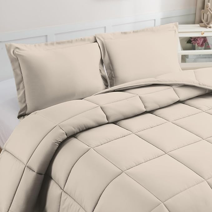 Elegant Comfort 3-Piece Box Stitched Down Alternative Comforter with Shams - Ultra Soft for All Season Duvet Insert with Corner Tabs, Plush Cozy 3PC Comforter Set, Oversize Queen, Linen