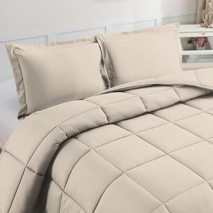 Elegant Comfort 3-Piece Box Stitched Down Alternative Comforter with Shams - Ultra Soft for All Season Duvet Insert with Corner Tabs, Plush Cozy 3PC Comforter Set, Full, Linen