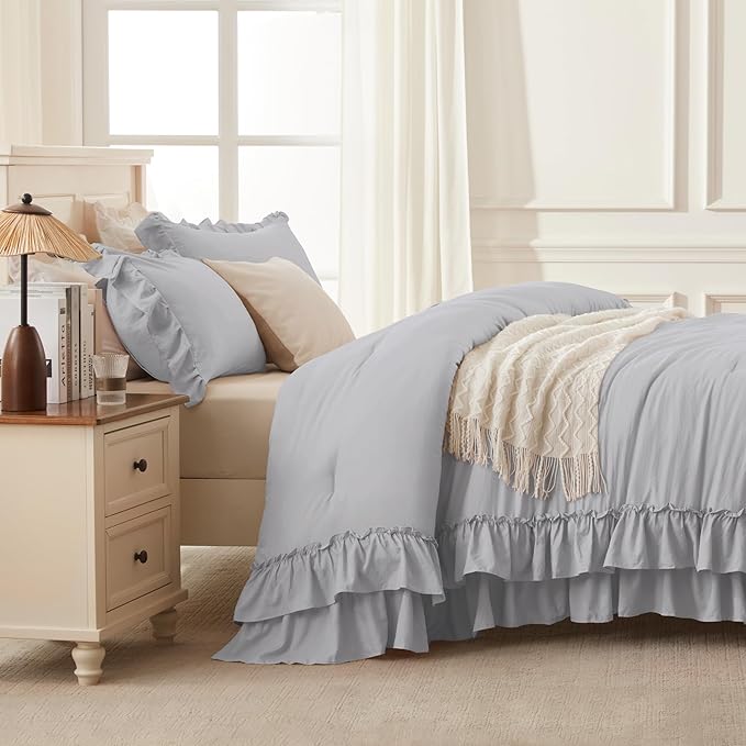 Andency Light Gray Comforter Set Queen Size, Lightweight Fluffy Farmhouse Ruffle Bedding Set, Soft Microfiber All Season Shabby Chic Bed Comforter Set 3 Pieces(1 Comforter 2 Pillowcases)