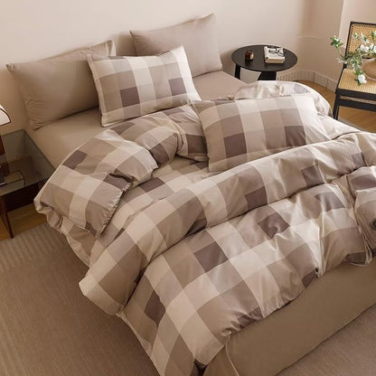 Cottonight Checkered Khaki Comforter Set Queen Men Gingham Grid Bedding Set Khaki and Cream Coffee Grid Comforter Fluffy Soft Blanket Quilts Modern Cottagecore Comforter for Queen Bed