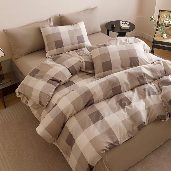 Cottonight Checkered Khaki Comforter Set Twin Gingham Grid Bedding Set Khaki and Cream Coffee Grid Comforter Fluffy Soft Bedding Set Kids Teens Twin Comforter with 2 Pillowcases