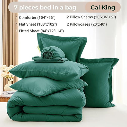 MUXHOMO 7 Pieces California King Comforter Set, Soft Bed in a Bag Cal King Size, All Season Bedding Set with Comforter, Flat Sheet, Fitted Sheet, Pillowcases & Shams, Emerald Green