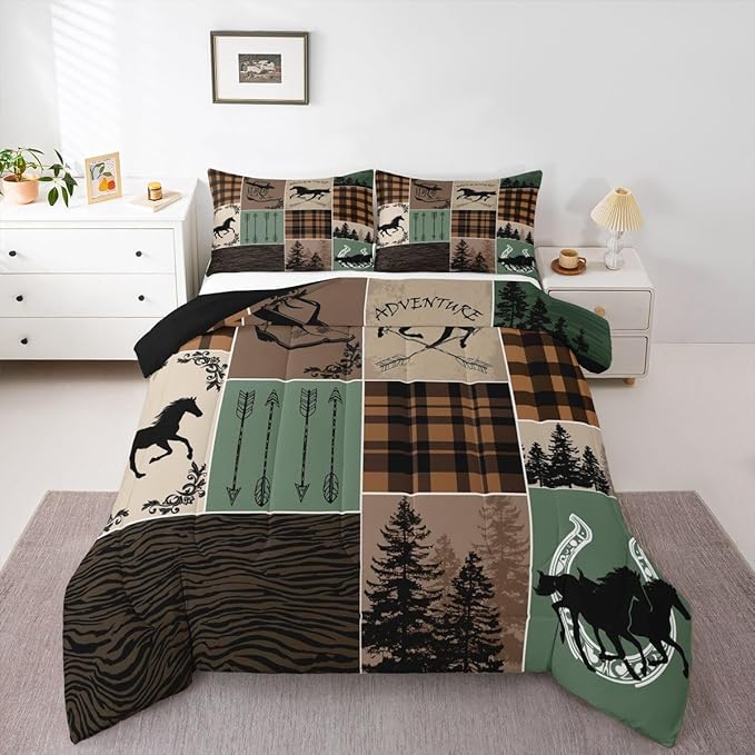 Erosebridal Horse Comforter Set Queen Size, Western Cowboy Cowgirl Bedding Set for Kids Boys Teens Bedroom, Forest Arrow Horseshoe Patchwork Duvet Insert Retro Geometric Plaid Quilt Cabin Lodge Decor