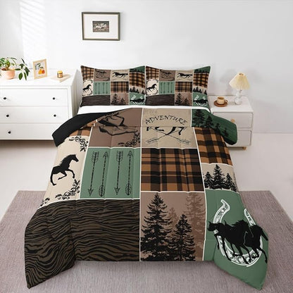 Erosebridal Horse Comforter Set Queen Size, Western Cowboy Cowgirl Bedding Set for Kids Boys Teens Bedroom, Forest Arrow Horseshoe Patchwork Duvet Insert Retro Geometric Plaid Quilt Cabin Lodge Decor