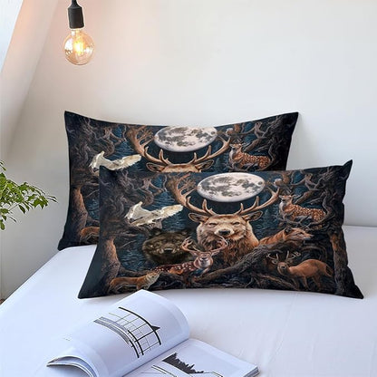 Hunting Comforter Set Full Size, Wild Animal Print Bedding Set, 3 Pieces Jungle Bedroom Decor with 2 Pillowcases/79 * 90