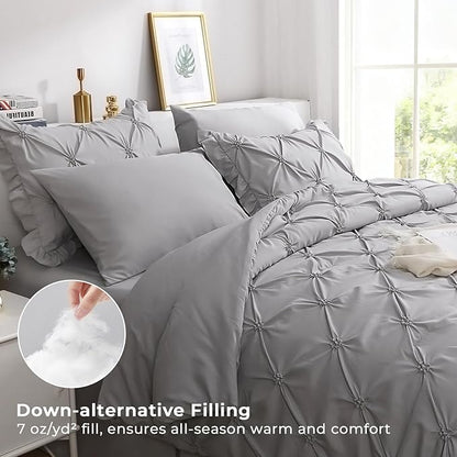 JOLLYVOGUE Grey Queen Comforter Set, 7 Pieces Pintuck Comforters Queen Size, Bed in a Bag Queen Comforter for Bedroom, Bedding Comforter Sets with Comforter, Sheets, Ruffled Shams & Pillowcases