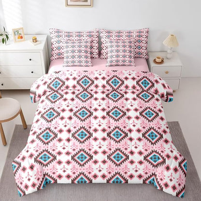 Erosebridal Boho Aztec Bed in A Bag Queen 7 Pcs Bohemian Southwestern Comforter Set for Kids Teens Western Ethnic Tribal Mexican Bedding Sets Pink Cowgirl Geometric Diamond Sheet Set with Comforter