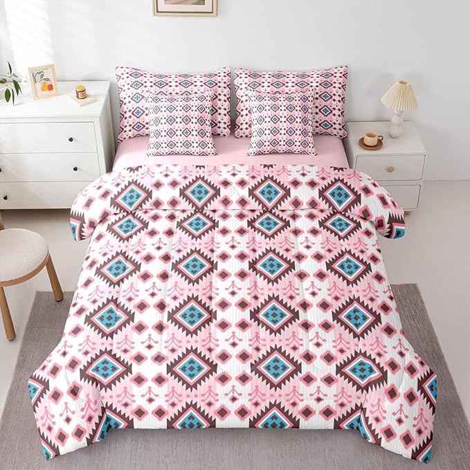 Erosebridal Boho Aztec Bed in A Bag King 7 Pcs Bohemian Southwestern Comforter Set for Women Men Western Ethnic Tribal Mexican Bedding Sets Pink Cowgirl Geometric Diamond Sheet Set with Comforter