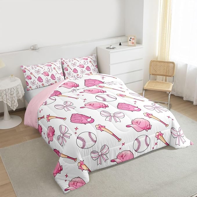 Castle Fairy Baseball Bow Comforter Set Full Size,Pink Bowknot Bedding Sets 3Pcs for Kids Girls Boys Women Room Decor,Baseball Bat and Cap Duvet Insert Cute Girly Sports Down Comforter,2 Pillowcases