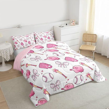 Castle Fairy Baseball Bow Comforter Set Full Size,Pink Bowknot Bedding Sets 3Pcs for Kids Girls Boys Women Room Decor,Baseball Bat and Cap Duvet Insert Cute Girly Sports Down Comforter,2 Pillowcases