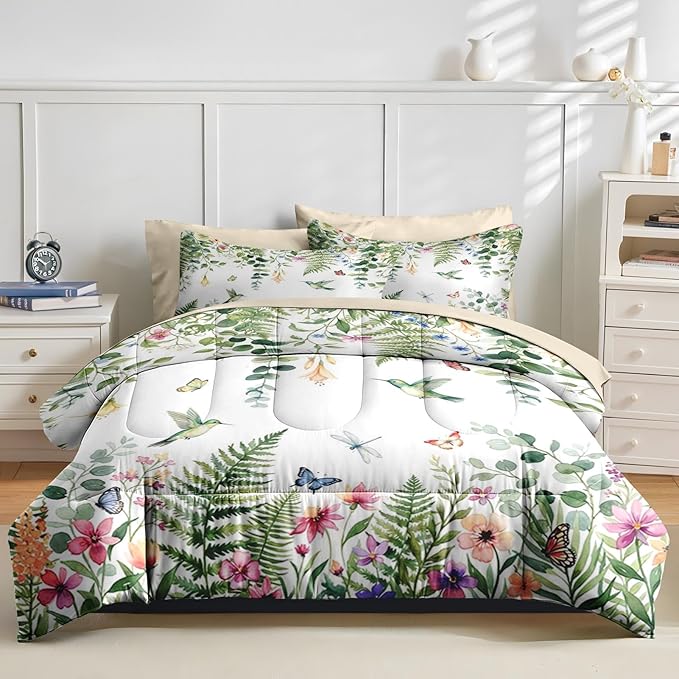 Nesker 7 Pcs Spring Comforter Set Full Size, Floral Hummingbird Butterfly Bedding Set for Kids and Adults, Fern Botanical Nature Bed Sheet Sets with Fitted Sheet 2 Pillowcases & 2 Shams