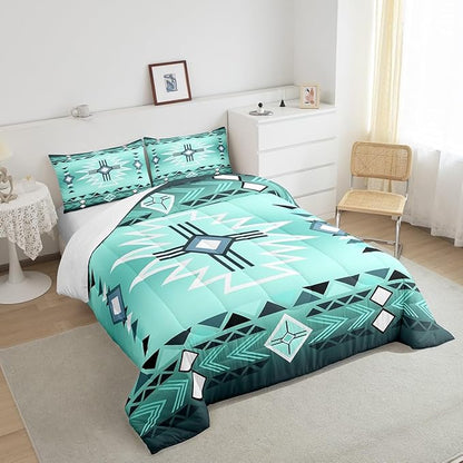 Bright Green Aztec Tribal Arrow Comforter Set Twin Size,Southwest Quilt Set Rustic Western Striped Bedding Set for Kids Girls Boys Adult Room Decor,Vintage Cowboy Duvet Insert,1 Pillowcase