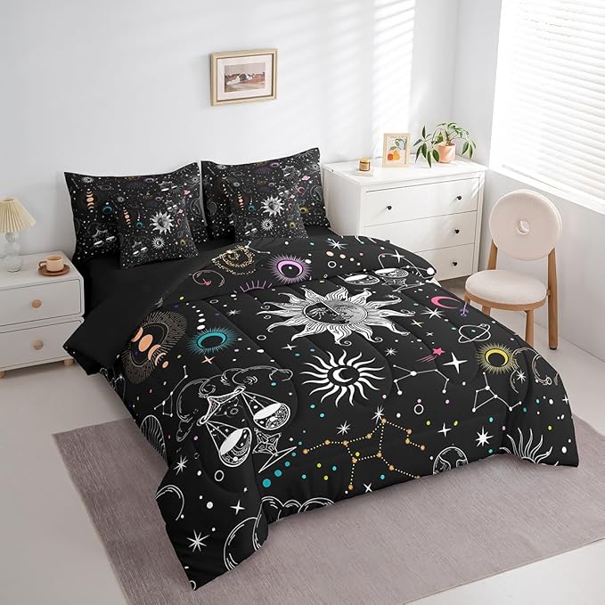 Erosebridal Sun and Moon Comforter Set 7 Piece Full Size Bohemian Stars Galaxy Bedding Sets for Kids Girls Boys Trippy Outer Space Bed in a Bag Planet Constellation Pattern Soft Microfiber Top Sheet
