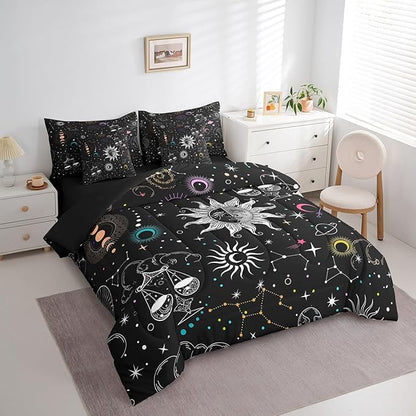 Erosebridal Sun and Moon Comforter Set 7 Piece Twin Size Bohemian Stars Galaxy Bedding Sets for Kids Girls Boys Trippy Outer Space Bed in a Bag Planet Constellation Pattern Soft Microfiber Top Sheet