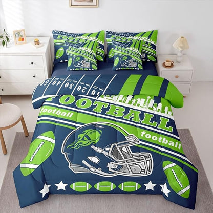 Feelyou Football 7 Pieces Comforter Sets Queen Size Kids Rugby Sports Bedding Set for All Season Football City Bed in a Bag with Comforter, Sheets, Pillowcases & Cushion Cover