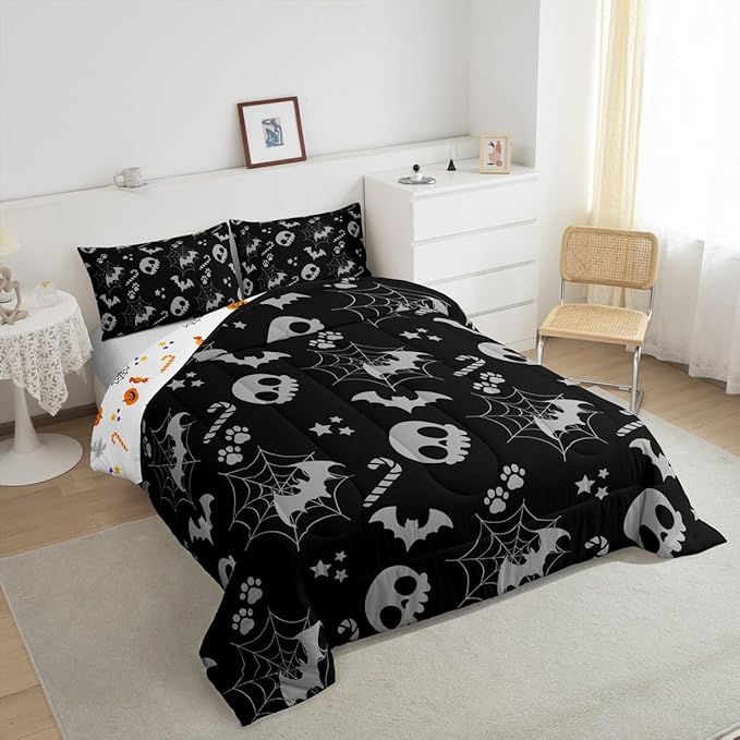 Erosebridal Cute Gray Halloween Toddler Comforter Spider Web Skull Bat Bedding Set Spooky Goth Gothic Animal Duvet Insert Horror Halloween Bed Sets for Kids Teens Adults