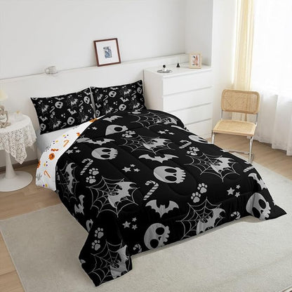 Erosebridal Cute Gray Halloween Toddler Comforter Spider Web Skull Bat Bedding Set Spooky Goth Gothic Animal Duvet Insert Horror Halloween Bed Sets for Kids Teens Adults