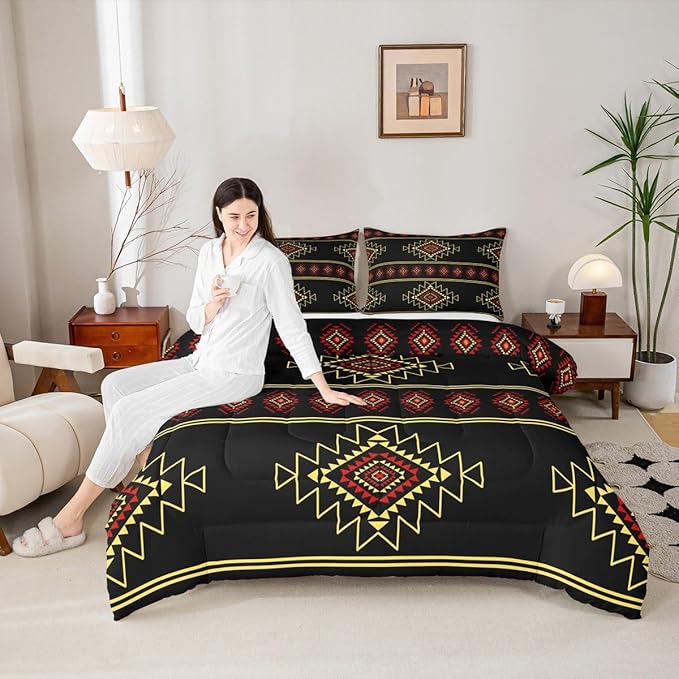 Western Aztec Queen Size Comforter Set, Native American Navajo Bedding Set for Boys Adult Teens, Southwestern Geometric Quilt Ethnic American Native Duvet Insert Rustic Farmhouse Decor,Black Yellow