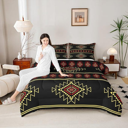 Western Aztec Queen Size Comforter Set, Native American Navajo Bedding Set for Boys Adult Teens, Southwestern Geometric Quilt Ethnic American Native Duvet Insert Rustic Farmhouse Decor,Black Yellow