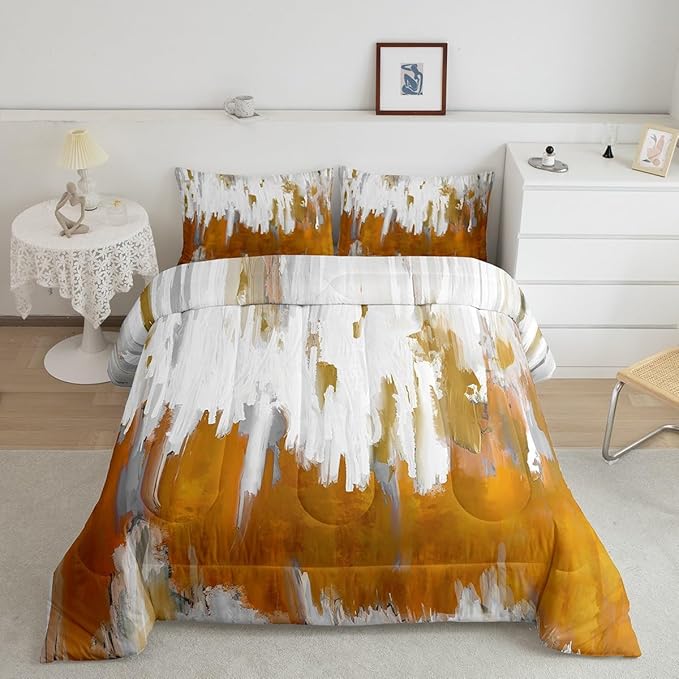 Orange Comforter Set Full Gradient Stripe Bedding Set, Modern Oil Painting Graffiti Bedding Comforter Sets Watercolor Abstract Artwork Duvet Set, Aesthetic Chic Vintage Quilted Comforter Lightweight